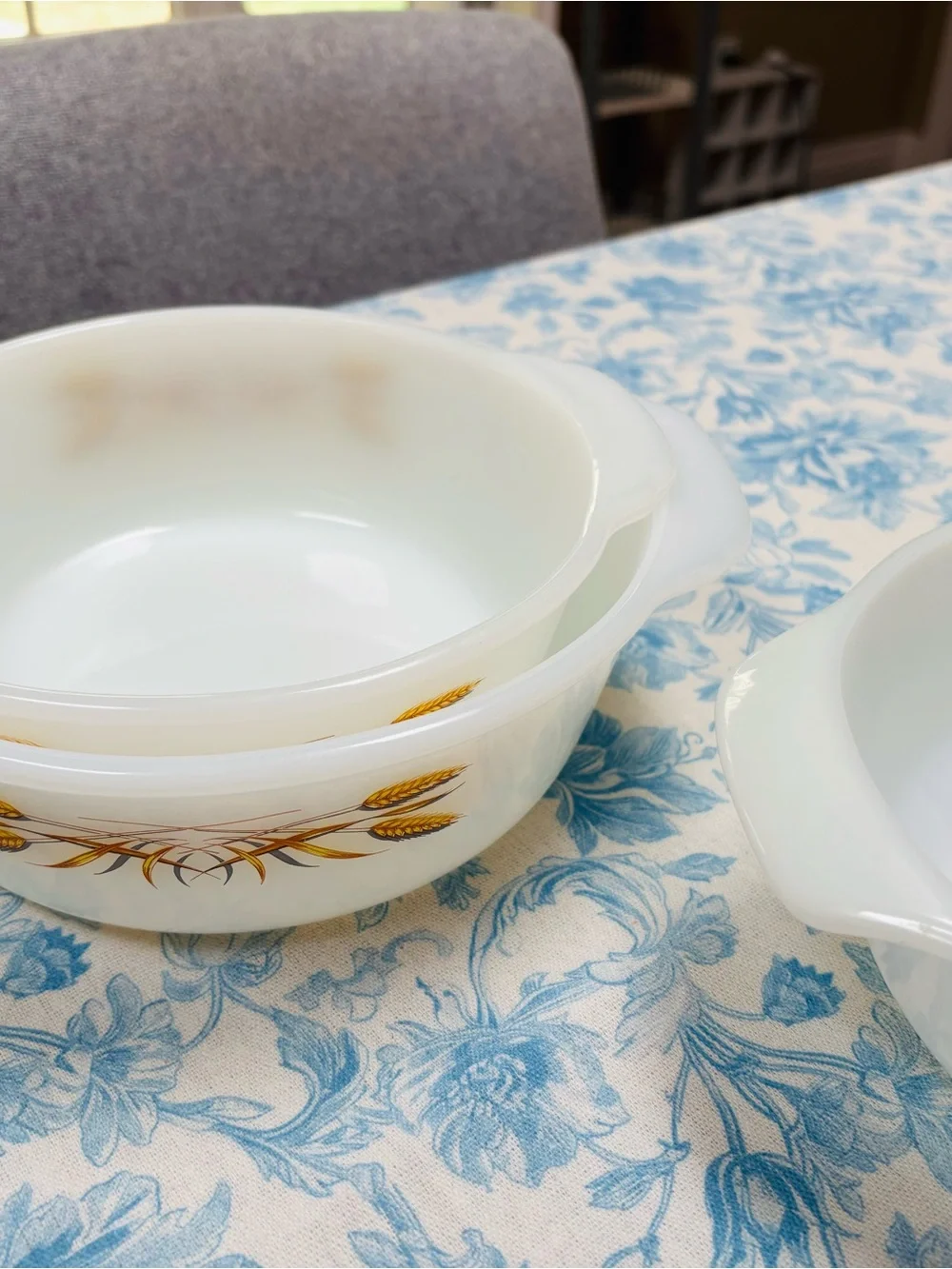 Fire King White Glass Mixing Bowls with Golden Wheat & Floral Accents